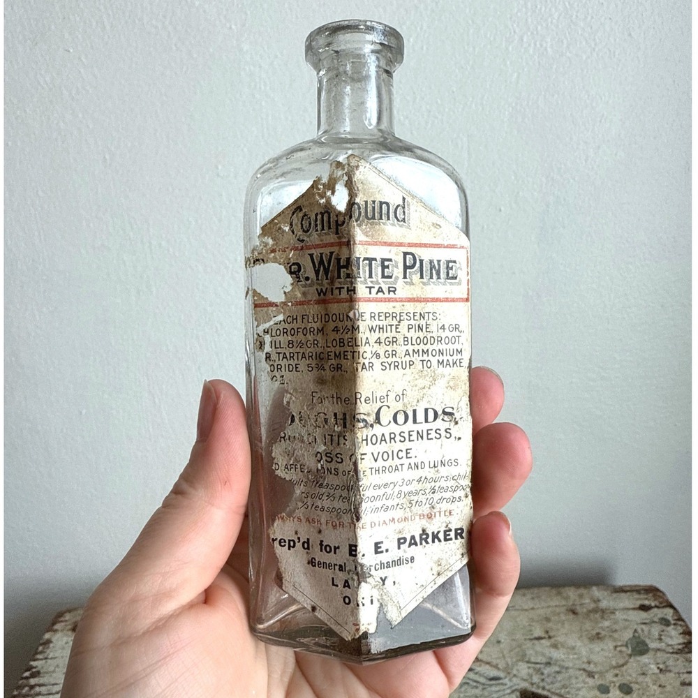 Antique White Pine Tar Medicine Bottle E.E. Parker Lake City MI Apothecary Glass